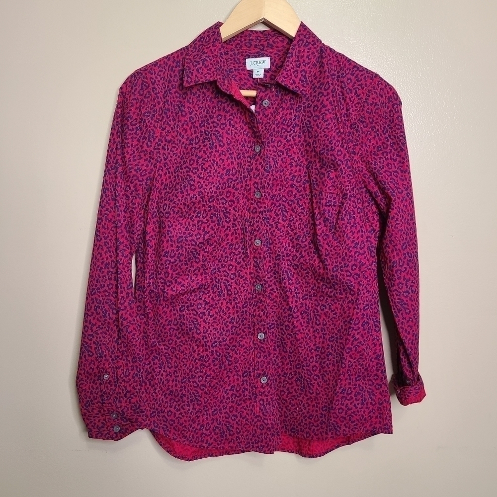 NWT J. Crew Button Up Stretch Cotton Poplin Shirt Signature Fit Leopard Print